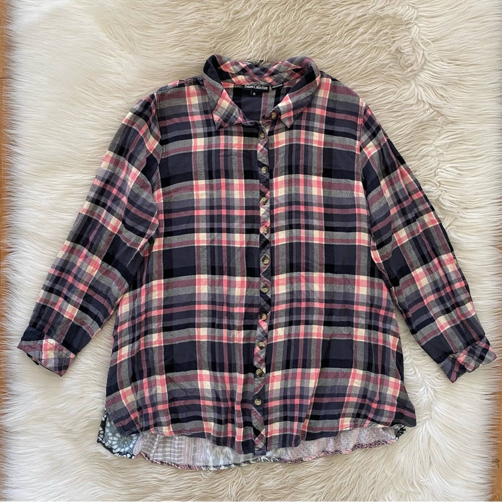 Tolani Pink Gray Plaid Print Back Button Front Tunic Top Relaxed Fit Shirt - Picture 2 of 10